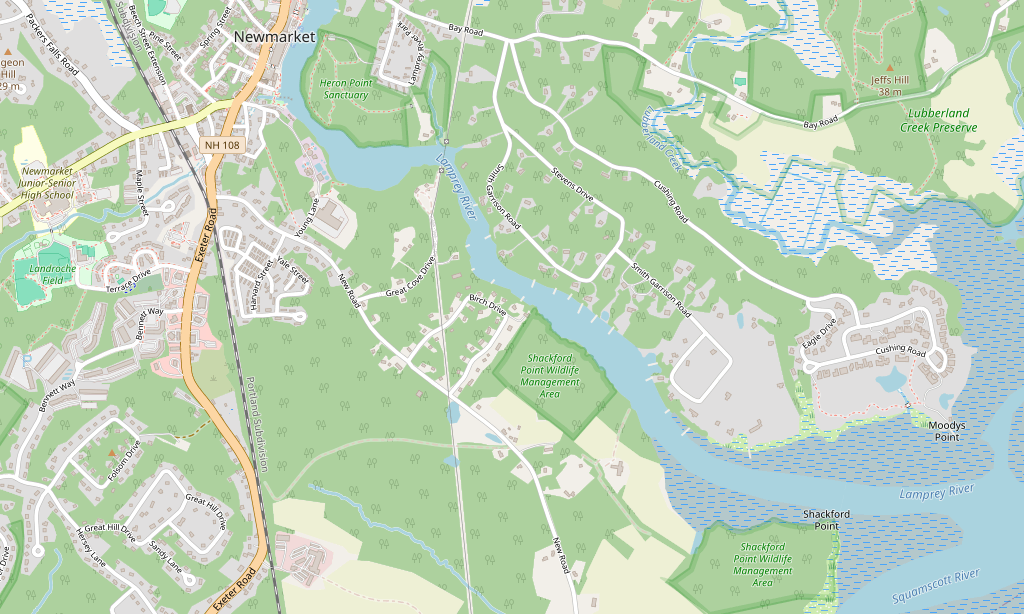 Map showing 20 Birch Drive on the Lamprey River in Newmarket, New Hampshire
